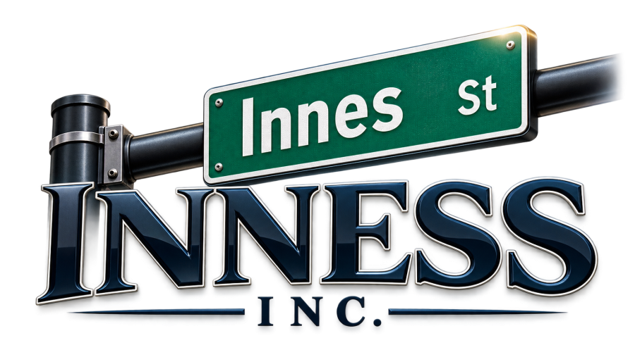Inness, Inc. logo, an Innes Street sign above the Inness Inc wordmark